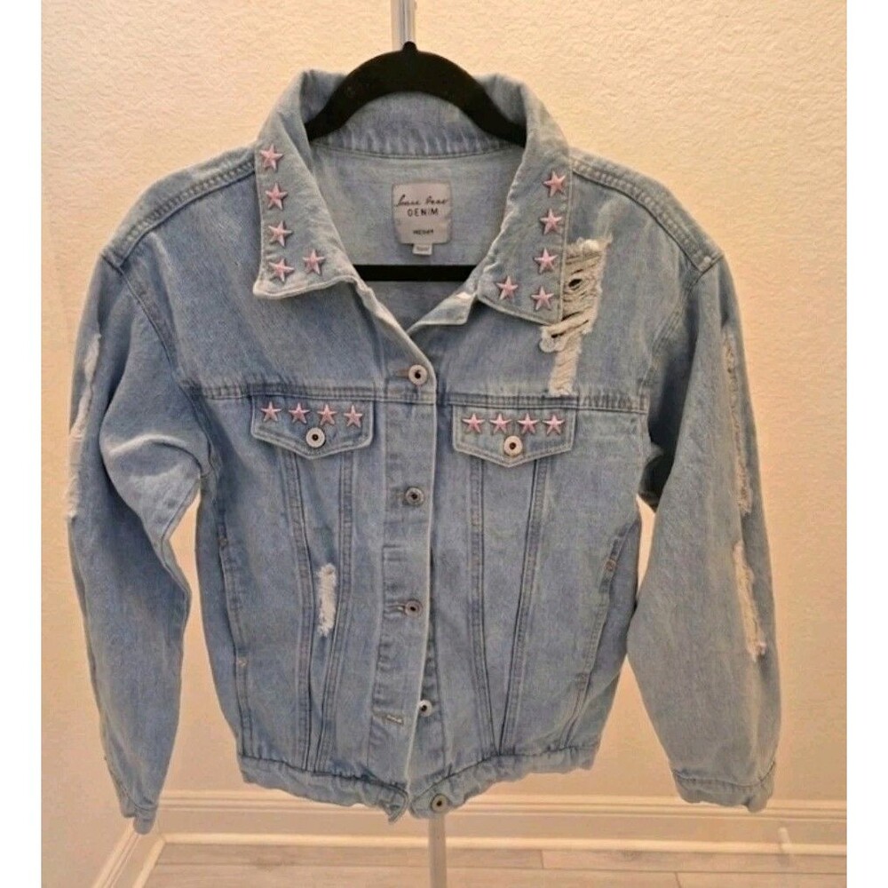 Love Tree Denim Pink Star Studded Distressed Shredded Trucker M Jacket Womens